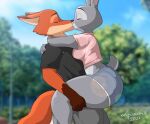  anthro bottomwear breasts canid canine clothed clothing disney duo eyes_closed female fluffy fluffy_tail fox fur grey_body grey_fur hi_res holding_another judy_hopps kissing lagomorph leg_grab leporid male male/female mammal nick_wilde orange_body orange_fur rabbit red_fox shorts tail thick_thighs thigh_grab wide_hips zootopia 