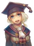  1girl 2023 :d artist_name ascot avatar_(ff11) black_headwear blonde_hair blue_eyes breasts brown_jacket cactus41747280 dated final_fantasy final_fantasy_xi glasses hat highres jacket looking_at_viewer medium_breasts medium_hair mithra_(ff11) mortarboard round_eyewear scholar_(final_fantasy) simple_background smile solo tassel teeth upper_teeth_only white_ascot white_background 