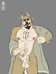  absurd_res animal_genitalia anthro balls beard big_balls big_penis bodily_fluids canid canine canis clothed clothing coyote cubiccc facial_hair genital_fluids genitals hi_res male male/male mammal muscular nipples nude partially_clothed penis pink_nipples precum pubes ricardo_monteverde solo 