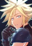  1boy absurdres armor black_background black_gloves blonde_hair blue_eyes cloud_strife commentary earrings english_commentary final_fantasy final_fantasy_vii final_fantasy_vii_remake from_side gloves hair_between_eyes hand_up highres jewelry looking_at_viewer looking_to_the_side male_focus parted_lips seilidare short_hair shoulder_armor single_bare_shoulder single_earring sleeveless sleeveless_turtleneck solo spiked_hair stud_earrings sweater turtleneck turtleneck_sweater twitter_username upper_body 
