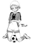  1girl ball bar_censor blush breasts censored check_commentary clothes_lift clothes_pull commentary_request expressionless full_body greyscale hamao highres kneeling lifted_by_self looking_at_viewer monochrome navel original pulled_by_self pussy shirt_lift short_hair short_shorts shorts shorts_pull small_breasts soccer_ball soccer_uniform solo sportswear 