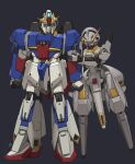  advance_of_zeta blue_eyes blush clenched_hand commission doodlebird14 full_body grey_background gundam hand_on_another&#039;s_arm highres holding_hands leaning_to_the_side mecha mobile_suit no_humans robot science_fiction simple_background standing tr-6_woundwort v-fin zeta_gundam zeta_gundam_(mobile_suit) 