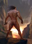  1boy ass back bara cloud cloudy_sky completely_nude dagger from_behind from_below full_body highres holding holding_dagger holding_knife holding_weapon knife long_hair looking_away male_focus mountain muscular muscular_male nude ocean original penis penis_peek scenery sky solo standing sunset thighs weapon woo_dun_art wrinkled_skin 