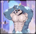  2023 abs animated anthro barbell_piercing bathing biceps blue_body blue_fur bottle canid canine canis container convenient_censorship digital_media_(artwork) dislyte eighth_note eye_scar eyewear facial_scar freddy_(dislyte) fur hand_on_head male mammal multicolored_body multicolored_fur muscular muscular_male navel nipple_barbell nipple_piercing nipples nude pecs piercing pixel_(artwork) pixel_animation pubes sadness3verde3n scar shower shower_head showering solo suds sunglasses two_tone_body two_tone_fur water whistling white_body white_fur wolf 