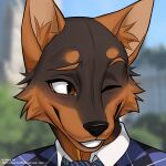  1:1 2023 anthro black_body black_fur black_nose blush blush_lines brown_body brown_ears brown_eyes brown_fur building canid canine canis cheek_tuft city clenched_teeth clothed clothing day detailed_background digital_media_(artwork) domestic_dog english_text eyebrows facial_tuft fluffy fur glistening glistening_eyes glistening_nose hairless headshot_portrait hi_res inner_ear_fluff looking_at_another looking_away male mammal multicolored_body multicolored_fur necktie one_eye_closed open_mouth open_smile outside park plant portrait riska_(artist) shy sky smile smiling_at_another solo teeth text topwear tree tuft two_tone_body two_tone_fur url vest ylsun 