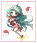  1girl artist_name blush collared_shirt curly_hair geta green_eyes green_hair horns kariyushi_shirt komano_aunn long_hair open_mouth orb piyokichi red_shirt shirt short_sleeves shorts signature single_horn smile solo touhou unfinished_dream_of_all_living_ghost white_shorts yin_yang yin_yang_orb 