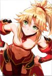 1girl absurdres bare_shoulders blonde_hair blush breasts cleavage closed_mouth detached_collar fate/apocrypha fate/grand_order fate_(series) green_eyes hair_ornament hair_scrunchie hands_on_hips head_tilt highres leaning_forward long_hair long_sleeves looking_at_viewer mordred_(fate) mordred_(fate/apocrypha) navel pelvic_curtain ponytail puffy_sleeves scan scrunchie sidelocks simple_background small_breasts solo stomach tonee white_background 