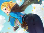  1girl absurdres ass black_gloves black_pants blonde_hair blue_shirt blue_sky blush boris_(noborhys) braid breasts cloak commentary_request crown_braid fingerless_gloves gloves green_eyes highres hood hooded_cloak large_breasts long_sleeves looking_back open_mouth pants parted_bangs pointy_ears pouch princess_zelda revision shirt short_hair sidelocks sky smile solo the_legend_of_zelda the_legend_of_zelda:_tears_of_the_kingdom thighs 