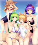  4girls ahoge animal_ears bare_arms bare_legs bare_shoulders barefoot bikini black_one-piece_swimsuit blonde_hair blush breasts brown_headwear cleavage closed_mouth collarbone fox_ears fox_shadow_puppet green_eyes green_hair hair_ornament hat highres kneeling kochiya_sanae kudamaki_tsukasa large_breasts leaf_hair_ornament long_hair moriya_suwako multiple_girls navel one-piece_swimsuit open_mouth purple_hair short_hair smile swimsuit tarmo touhou white_bikini white_one-piece_swimsuit yasaka_kanako yellow_eyes 