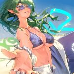  1girl arknights bikini bikini_under_clothes blue_bikini blue_sky breasts cleavage day drive_shot earrings floating_hair foreshortening gavial_(arknights) gavial_the_invincible_(arknights) gavial_the_invincible_(holiday)_(arknights) green_hair highres jewelry large_breasts looking_at_viewer navel o-ring o-ring_top open_fly outdoors outstretched_arm parted_lips pointy_ears shorts sky smile solo stomach sunglasses swimsuit upper_body white_shorts yellow_eyes 