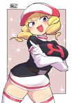  1girl :d arm_under_breasts black_jacket blonde_hair blush boots border breasts chichibu_(watson) commentary_request cowboy_shot domino_(pokemon) drill_hair elbow_gloves eyelashes gloves hat highres jacket logo open_mouth outside_border pokemon pokemon_(anime) pokemon_(classic_anime) purple_eyes skirt smile solo team_rocket team_rocket_uniform thigh_boots twin_drills white_border white_footwear white_gloves white_headwear white_skirt 