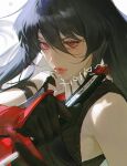  1girl akame_(akame_ga_kill!) akame_ga_kill! bare_shoulders black_gloves black_hair blush breasts gloves holding holding_sword holding_weapon jnkku katana long_hair looking_at_viewer medium_breasts necktie red_eyes red_necktie sleeveless sword weapon 