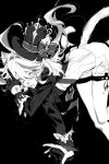  1girl bow furina_(genshin_impact) genshin_impact gloves greyscale hand_up hat hat_bow highres jacket long_hair long_sleeves looking_at_viewer monochrome nini9275 open_mouth shorts simple_background smile solo thigh_strap top_hat very_long_hair 