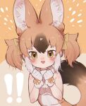  1girl animal_ears brown_background brown_eyes brown_hair dhole_(kemono_friends) extra_ears gloves highres kemono_friends long_hair looking_at_viewer notora ribbon scarf shirt simple_background sleeveless sleeveless_shirt smile solo tail twintails wolf_ears wolf_girl wolf_tail 