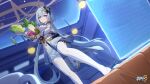  1girl blue_hair blue_theme breasts chinese_commentary cup earrings food fruit gloves griseo griseo_(cosmic_expression) highres holding holding_food honkai_(series) honkai_impact_3rd jewelry large_breasts light_blue_hair logo long_hair official_art official_wallpaper purple_eyes screen solo twintails vegetable very_long_hair white_gloves 