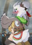  anthro avian bird blue_eyes blush clothed clothing dagasi duo elf embrace feathers hi_res hug humanoid link male nintendo the_legend_of_zelda tulin_(tloz) white_body white_feathers 