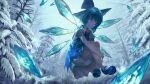  1girl backlighting bare_tree bloomers blue_bow blue_dress blue_eyes blue_footwear blue_hair bow cirno collared_shirt cryokinesis dress hair_bow hugging_own_legs ice ice_shard ice_wings looking_at_viewer mary_janes matumasima midair neck_ribbon petticoat pinafore_dress pine_tree puffy_short_sleeves puffy_sleeves red_ribbon ribbon shirt shoes short_hair short_sleeves sleeveless sleeveless_dress smile snow socks solo touhou tree white_shirt white_socks wings winter 