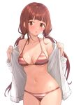  1girl :o absurdres b1ack_illust bikini blunt_bangs blush breasts breasts_apart brown_hair collarbone highres idolmaster idolmaster_million_live! jacket large_breasts long_hair looking_at_viewer matsuda_arisa navel open_clothes open_jacket red_bikini simple_background solo striped striped_bikini sweat swimsuit twintails undressing very_long_hair white_background white_jacket 