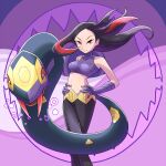  1girl black_hair black_pants breasts closed_mouth commentary_request covered_collarbone cropped_shirt crossed_legs eyelashes ffccll floating_hair gloves hands_on_hips highres long_hair lucy_(pokemon) multicolored_hair navel pants pokemon pokemon_(creature) pokemon_(game) pokemon_emerald pokemon_rse purple_gloves purple_shirt red_hair seviper shirt sleeveless sleeveless_shirt smile snake standing two-tone_hair 