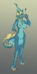  2022 anthro asian_mythology blonde_hair breasts chinese_mythology east_asian_mythology female fur genitals gradient_background green_body green_fur hair hi_res hooves horn kirin lord_magicpants mythology navel nipples pussy shandis simple_background solo standing surprise 