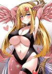  1girl absurdres alternate_breast_size bird_legs blonde_hair blue_eyes blush breasts claws commentary_request commission duel_monster feathered_wings feathers hair_ornament harpie_girl_(yu-gi-oh!) harpy heart heart_hair_ornament highres huge_breasts long_hair monster_girl navel pink_feathers pink_wings revealing_clothes single_leg_pantyhose skeb_commission smile solo talons trista_(makkoivenus) winged_arms wings yu-gi-oh! 