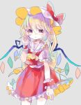  1girl arm_up ascot back_bow blonde_hair bow closed_mouth cowboy_shot dot_mouth dot_nose flandre_scarlet frilled_shirt_collar frilled_skirt frilled_sleeves frills grey_background hair_between_eyes hat hiyuu_(hiyualice) large_bow long_hair looking_at_viewer mob_cap multicolored_wings one_side_up puffy_short_sleeves puffy_sleeves red_ribbon red_skirt red_vest ribbon shirt short_sleeves simple_background skirt sleeve_ribbon solo touhou vest white_headwear white_shirt wings wrist_cuffs yellow_ascot yellow_bow 