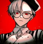  1boy black_background black_headwear black_jacket charisma_house closed_mouth expressionless glasses highres jacket kusanagi_rikai looking_at_viewer male_focus multicolored_background multicolored_clothes multicolored_jacket red_background red_eyes solo ukisi white_background white_hair white_jacket 