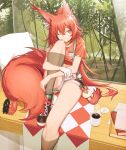  1girl ;) absurdres animal_ears arknights black_choker black_footwear book choker commentary_request crop_top cup flametail_(arknights) flametail_(sport_for_all)_(arknights) foot_out_of_frame highres knee_up large_tail long_hair looking_at_viewer midriff mug navel official_alternate_costume one_eye_closed orange_eyes orange_hair orange_shirt shirt shoes short_shorts shorts signal_1120 smile solo squirrel_ears squirrel_tail sugar_cube tail thighs very_long_hair white_shorts 