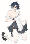  1boy arknights blue_hair chuan04826 clothes_lift cuffs full_body handcuffs highres holding holding_clothes holding_skirt lumen_(arknights) maid male_focus nipples orange_eyes pointy_ears short_hair simple_background skirt skirt_lift solo thighhighs toned toned_male white_background 
