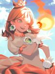  1girl artist_name bellhenge blue_sky brown_hair cloud crown dress earrings fire fire_daisy flower_earrings gem gloves hand_up jewelry looking_to_the_side mario_(series) medium_hair one_eye_closed open_mouth princess_daisy puffy_short_sleeves puffy_sleeves short_sleeves sky solo super_mario_bros._wonder teeth transformation upper_teeth_only white_dress white_gloves 