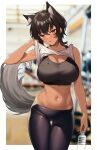  1girl animal_ear_fluff animal_ears black_hair black_sports_bra blurry bottle breasts cowboy_shot dark-skinned_female dark_skin depth_of_field gym hair_between_eyes head_tilt highres holding indoors large_breasts looking_at_viewer navel open_mouth original red_eyes shirt short_hair sleeveless solo sports_bra sweat tail takunomi tan thigh_gap thighs water_bottle white_shirt wolf_ears wolf_girl wolf_tail 