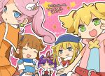  5girls amitie_(puyopuyo) arle_nadja blonde_hair blue_eyes bow closed_eyes feli_(puyopuyo) green_eyes looking_at_viewer mk_kiu multiple_girls pink_hair purple_hair puyopuyo raffina_(puyopuyo) red_bow school_uniform two_side_up witch_(puyopuyo) 