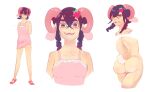  anthro bovid braided_hair breasts butt caprine clothing corablue digital_media_(artwork) dress female food footwear fruit goat hair hi_res horizontal_pupils horn jam_(corablue) looking_at_viewer mammal nude pink_clothing plant pupils shoes simple_background smile solo strawberry sundress white_background 