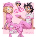  1girl 2boys :d alternate_color arm_support ash_ketchum barbie_(franchise) black_hair blonde_hair blue_eyes border breasts chibi closed_mouth commentary covered_collarbone crossed_legs earrings goh_(pokemon) invisible_chair jewelry knees multiple_boys open_mouth pants pink_background pink_pants pleated_skirt pokemon pokemon_(anime) pokemon_journeys sara_bon serena_(pokemon) shirt shoes short_sleeves sitting skirt smile socks sparkle sweater_vest teeth thighhighs tongue upper_teeth_only white_border 