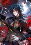  1boy bandaged_arm bandaged_hand bandages black_hair black_jacket black_pants blade_(honkai:_star_rail) blood blood_on_face chinese_clothes earrings flower hair_over_one_eye holding holding_sword holding_weapon honkai:_star_rail honkai_(series) jacket jewelry long_hair long_sleeves male_focus mizumoe multicolored_hair one_eye_covered pants petals red_eyes red_flower red_hair shirt solo spider_lily sword tassel tassel_earrings weapon yellow_shirt 