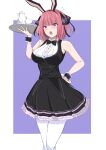  1girl absurdres animal_ears armpits bare_shoulders black_bow black_bowtie black_dress black_wrist_cuffs blue_eyes border bow bowtie breasts butterfly_hair_ornament collared_dress cup dress fake_animal_ears frilled_dress frills go-toubun_no_hanayome hair_ornament hand_on_own_hip hand_up highres holding holding_tray konro_yoyogei large_breasts looking_at_viewer nakano_nino open_mouth outside_border pantyhose pink_hair purple_background rabbit_ears simple_background solo strapless strapless_dress teacup teapot teeth traditional_bowtie tray upper_teeth_only white_border white_pantyhose 