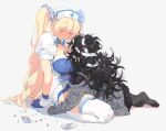 2girls bandaged_head bandages black_hair black_pantyhose black_sailor_collar black_skirt blonde_hair blood blood_on_bandages blue_eyes blue_gloves blush breasts cardigan eye_contact gloves grey_background hair_between_eyes hat large_breasts long_hair long_sleeves looking_at_another messy_hair multiple_girls nanaichi nurse_cap off_shoulder original pantyhose parted_lips pill pleated_skirt puffy_short_sleeves puffy_sleeves ribbon sailor_collar short_sleeves simple_background skirt sweat thighhighs twintails very_long_hair white_thighhighs 