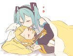  2girls aqua_eyes aqua_hair aqua_nails aqua_necktie bare_shoulders black_sailor_collar black_sleeves blanket blonde_hair bow closed_eyes commentary detached_sleeves grey_sailor_collar grey_shirt grey_sleeves hair_bow hair_ornament hairclip hatsune_miku headphones heart highres kagamine_rin kiss kiss_day kissing_forehead long_hair lying m0ti multiple_girls nail_polish neckerchief necktie on_back orange_neckerchief pillow sailor_collar school_uniform shirt short_hair sleeveless sleeveless_shirt swept_bangs twintails twitter_username under_covers upper_body vocaloid white_background white_bow white_shirt yellow_nails yuri 