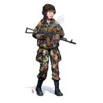  1girl absurdres ammunition_pouch assault_rifle bandaid beanie black_footwear blowing_smoke blue_eyes boots braid braided_ponytail brown_hair camouflage camouflage_headwear camouflage_jacket camouflage_pants cigarette combat_boots cross-laced_footwear english_commentary fingerless_gloves folding_stock full_body gloves gun gun_sling hair_over_shoulder hat headphones headset highres holding holding_cigarette holding_gun holding_weapon jacket kalashnikov_rifle lace-up_boots load_bearing_vest long_hair long_sleeves looking_to_the_side military military_uniform open_mouth original ostwindprojekt pants paratrooper partially_unzipped pouch rifle russia scar scar_on_face scar_on_nose shirt simple_background single_braid smoke smoking soldier solo soviet soviet_air_force soviet_army standing striped striped_shirt telnyashka trigger_discipline uniform vdv weapon weapon_request white_background zipper 