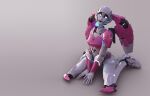  3d arcee autobot backpack bag blender_(medium) blue_eyes breasts colored_skin glowing glowing_eyes helmet highres humanoid_robot insignia jpl-animation medium_breasts metal_skin pink_lips robot robot_girl seiza sitting smile transformers white_skin 