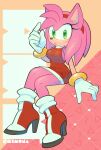  2023 accessory amy_rose anthro breasts clothing eulipotyphlan female footwear gloves green_eyes hair_accessory hairband handwear hedgehog hi_res high_heels m5mona mammal open_mouth sega signature sitting solo sonic_the_hedgehog_(series) 