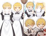  1boy 1girl :3 apron black_dress blonde_hair blush broom crying don_quixote_(limbus_company) dress highres holding holding_broom holding_plate juliet_sleeves ketchup limbus_company long_sleeves love_mintchoco maid maid_headdress mouth_hold multiple_views on_head open_mouth otoko_no_ko plate project_moon puffy_sleeves ribbon short_hair sinclair_(limbus_company) sleeve_cuffs smile sparkling_eyes white_apron white_ribbon yellow_eyes 