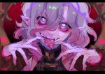  1girl artist_name black_border border briar_(league_of_legends) colored_sclera fangs fingernails furrowed_brow gradient_hair grey_eyes grey_hair hair_between_eyes hands_up highres kremtaro league_of_legends letterboxed looking_at_viewer multicolored_hair pink_hair pink_sclera pointy_ears portrait sharp_fingernails sharp_teeth short_eyebrows sidelocks smile solo teeth thick_eyebrows tongue tongue_out two-tone_hair upper_body upper_teeth_only vampire wrist_cuffs 