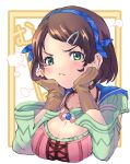  1girl black_choker blue_hairband breasts brown_hair choker cleavage closed_mouth green_eyes hair_ornament hairband hairclip jewelry large_breasts looking_at_viewer necklace nina_deforges short_hair solo star_ocean star_ocean_the_divine_force 