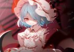  +_+ 1girl bat_wings blue_hair blurry blurry_background commentary_request fingernails hair_over_one_eye hat hat_ribbon light_blue_hair long_fingernails mob_cap piyodesu pointy_ears red_nails red_ribbon remilia_scarlet ribbon short_sleeves smile solo torn_clothes touhou upper_body white_headwear wings wrist_cuffs 