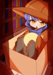  1other androgynous animal_ears blue_hair blue_scarf book box brown_headwear brown_tunic cat_ears hat highres library light_bulb niko_(oneshot) oneshot_(game) open_mouth pbj6541 scarf slit_pupils tunic 
