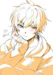  1boy blonde_hair blush closed_mouth commentary dated green_eyes hood hood_down hoodie looking_to_the_side male_focus multicolored_hair orange_hoodie orange_theme project_sekai shinonome_akito simple_background solo streaked_hair symbol-only_commentary taro14_tea white_background 