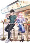  1boy 1girl belt blue_eyes blue_jacket blue_skirt breasts burger cup dan_heng_(feast)_(honkai:_star_rail) dan_heng_(honkai:_star_rail) drinking_straw earrings flower_ornament food french_fries full_body gradient_jacket gradient_skirt hair_between_eyes high_belt holding holding_cup holding_drinking_straw holding_food honkai:_star_rail honkai_(series) jacket jewelry layered_skirt long_skirt march_7th_(feast)_(honkai:_star_rail) march_7th_(honkai:_star_rail) medium_breasts medium_hair official_alternate_costume official_art one_eye_closed pink_hair purple_belt purple_jacket purple_skirt single_earring skirt sleeveless sleeveless_sweater sweater tongue turtleneck variant_set white_skirt white_sleeves white_sweater 