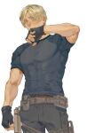  1boy arm_up belt_pouch blonde_hair blue_eyes blue_shirt fingerless_gloves gloves highres holster large_pectorals leon_s._kennedy looking_at_viewer male_focus muscular muscular_male pants pectorals pouch rannohana629 resident_evil resident_evil_4 resident_evil_4_(remake) shirt short_hair solo standing sweat thigh_strap tight_clothes tight_shirt white_background 