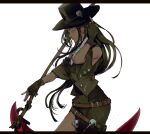  1girl ascot bare_shoulders belt belt_buckle black_border black_headwear blue_ascot border brown_belt buckle buttons collared_shirt commentary_request diamond_button eyelashes fingerless_gloves from_side gloves green_gloves green_hair green_jacket green_nails green_shorts guilty_gear guilty_gear_strive hand_on_headwear hat hat_ornament holding holding_scythe jacket long_hair millia_rage nail_polish parted_lips ranko_no_ane red_eyes scythe shirt short_sleeves shorts skull_hat_ornament sleeveless sleeveless_shirt solo top_hat white_background white_shirt 